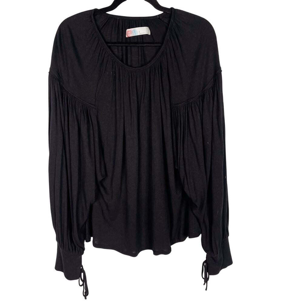 Free People Beach S Black Pullover Top Balloon Sleeves Flowy Long Tie Cuff Linen